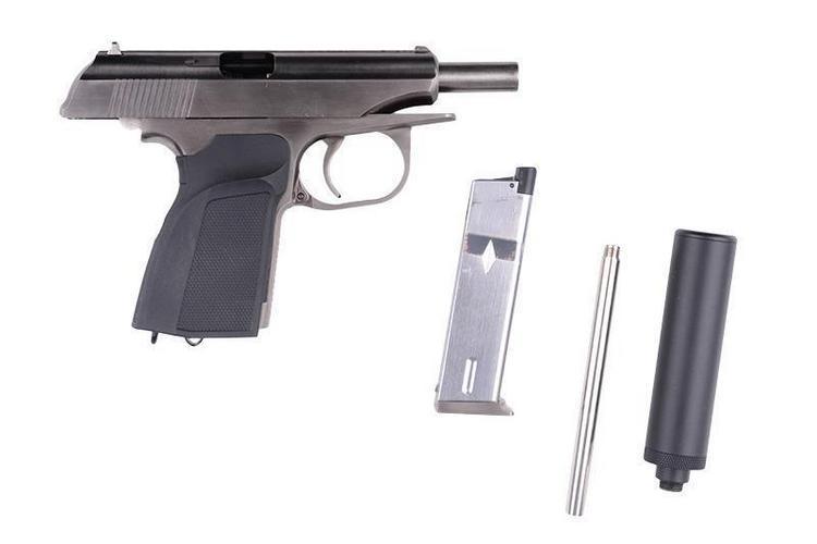 Makarov 654K with silencer, GBB - silver